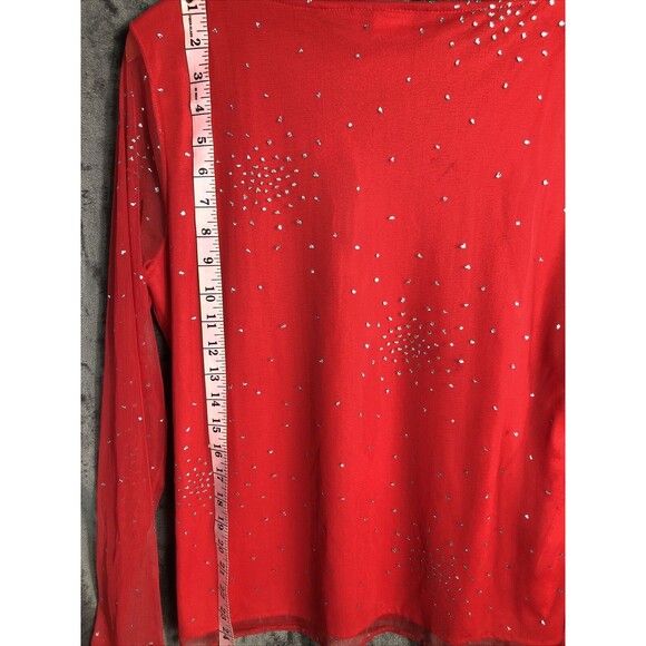 Victoria Jones Red Blouse Sheer Sleeve Sliver Sparkle Size Women’s Large - Picture 5 of 8